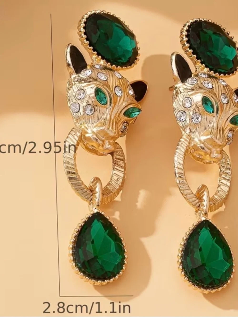 Gold Leopard Hoop Drop Earrings with Emerald Green Crystals - Women Jewelry